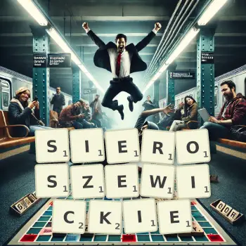 Kreatywna ilustracja do gry w Scrabble ze słowem SIEROSZEWICKIE ułożonym z płytek na planszy.