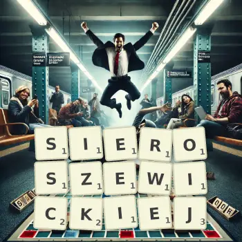 Kreatywna ilustracja do gry w Scrabble ze słowem SIEROSZEWICKIEJ ułożonym z płytek na planszy.