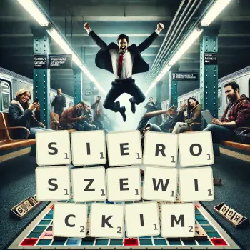 Kreatywna ilustracja do gry w Scrabble ze słowem SIEROSZEWICKIM ułożonym z płytek na planszy.