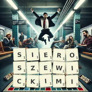 Kreatywna ilustracja do gry w Scrabble ze słowem SIEROSZEWICKIMI ułożonym z płytek na planszy.