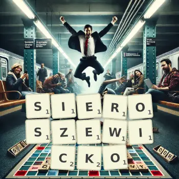 Kreatywna ilustracja do gry w Scrabble ze słowem SIEROSZEWICKO ułożonym z płytek na planszy.
