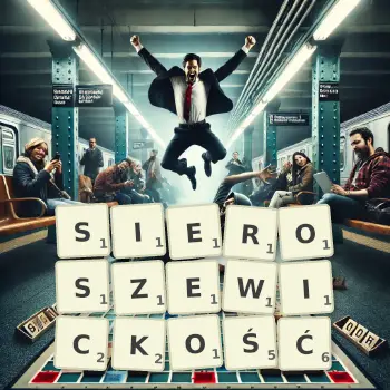 Kreatywna ilustracja do gry w Scrabble ze słowem SIEROSZEWICKOŚĆ ułożonym z płytek na planszy.