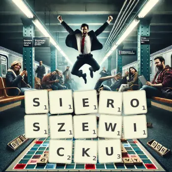 Kreatywna ilustracja do gry w Scrabble ze słowem SIEROSZEWICKU ułożonym z płytek na planszy.