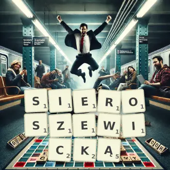 Kreatywna ilustracja do gry w Scrabble ze słowem SIEROSZEWICKĄ ułożonym z płytek na planszy.