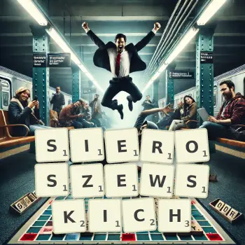 Kreatywna ilustracja do gry w Scrabble ze słowem SIEROSZEWSKICH ułożonym z płytek na planszy.