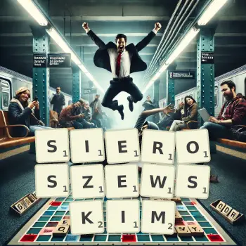 Kreatywna ilustracja do gry w Scrabble ze słowem SIEROSZEWSKIM ułożonym z płytek na planszy.