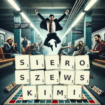 Kreatywna ilustracja do gry w Scrabble ze słowem SIEROSZEWSKIMI ułożonym z płytek na planszy.