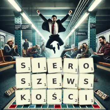 Kreatywna ilustracja do gry w Scrabble ze słowem SIEROSZEWSKOŚCI ułożonym z płytek na planszy.