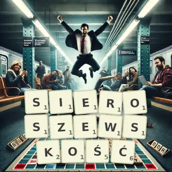 Kreatywna ilustracja do gry w Scrabble ze słowem SIEROSZEWSKOŚĆ ułożonym z płytek na planszy.