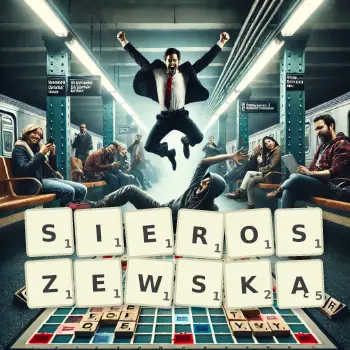 Kreatywna ilustracja do gry w Scrabble ze słowem SIEROSZEWSKĄ ułożonym z płytek na planszy.