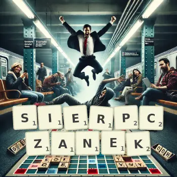 Kreatywna ilustracja do gry w Scrabble ze słowem SIERPCZANEK ułożonym z płytek na planszy.