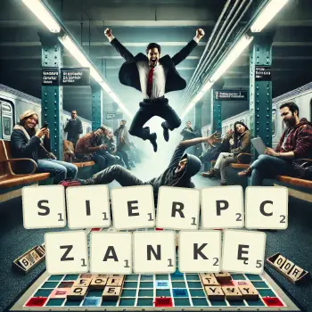 Kreatywna ilustracja do gry w Scrabble ze słowem SIERPCZANKĘ ułożonym z płytek na planszy.