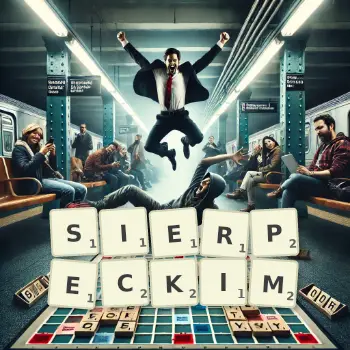 Kreatywna ilustracja do gry w Scrabble ze słowem SIERPECKIM ułożonym z płytek na planszy.