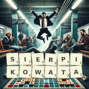 Kreatywna ilustracja do gry w Scrabble ze słowem SIERPIKOWATA ułożonym z płytek na planszy.