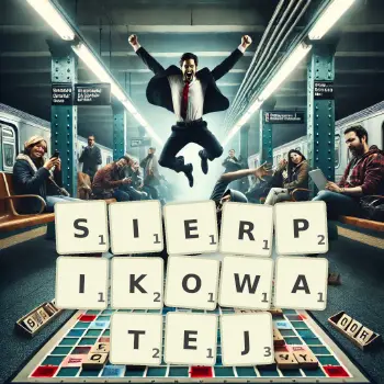 Kreatywna ilustracja do gry w Scrabble ze słowem SIERPIKOWATEJ ułożonym z płytek na planszy.