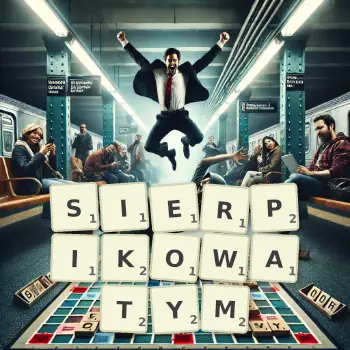 Kreatywna ilustracja do gry w Scrabble ze słowem SIERPIKOWATYM ułożonym z płytek na planszy.