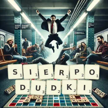 Kreatywna ilustracja do gry w Scrabble ze słowem SIERPODUDKI ułożonym z płytek na planszy.