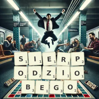 Kreatywna ilustracja do gry w Scrabble ze słowem SIERPODZIOBEGO ułożonym z płytek na planszy.