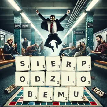 Kreatywna ilustracja do gry w Scrabble ze słowem SIERPODZIOBEMU ułożonym z płytek na planszy.
