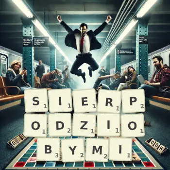 Kreatywna ilustracja do gry w Scrabble ze słowem SIERPODZIOBYMI ułożonym z płytek na planszy.