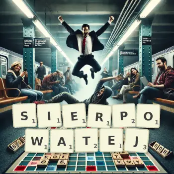 Kreatywna ilustracja do gry w Scrabble ze słowem SIERPOWATEJ ułożonym z płytek na planszy.