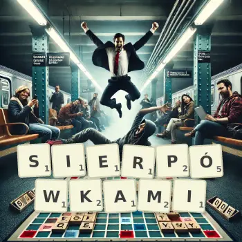 Kreatywna ilustracja do gry w Scrabble ze słowem SIERPÓWKAMI ułożonym z płytek na planszy.