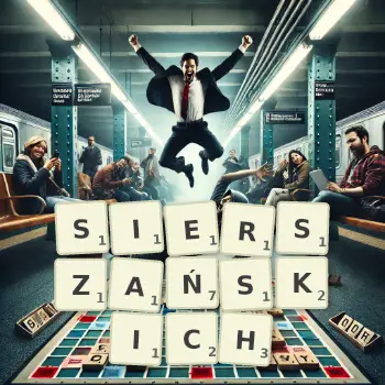 Kreatywna ilustracja do gry w Scrabble ze słowem SIERSZAŃSKICH ułożonym z płytek na planszy.