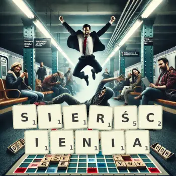 Kreatywna ilustracja do gry w Scrabble ze słowem SIERŚCIENIA ułożonym z płytek na planszy.