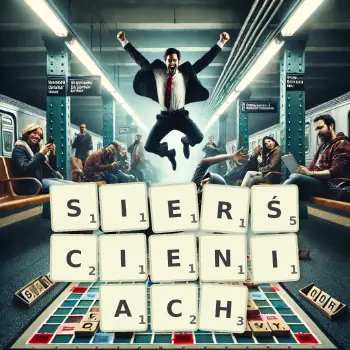 Kreatywna ilustracja do gry w Scrabble ze słowem SIERŚCIENIACH ułożonym z płytek na planszy.