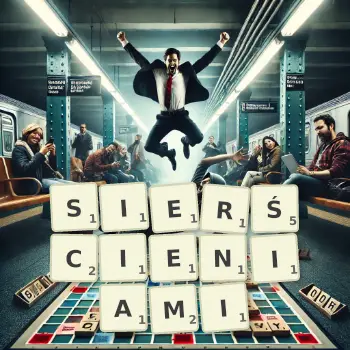 Kreatywna ilustracja do gry w Scrabble ze słowem SIERŚCIENIAMI ułożonym z płytek na planszy.