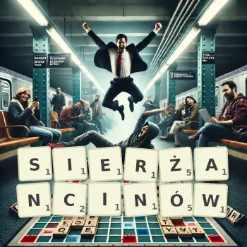 Kreatywna ilustracja do gry w Scrabble ze słowem SIERŻANCINÓW ułożonym z płytek na planszy.