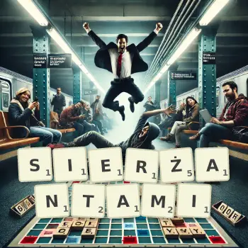 Kreatywna ilustracja do gry w Scrabble ze słowem SIERŻANTAMI ułożonym z płytek na planszy.