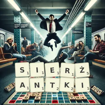 Kreatywna ilustracja do gry w Scrabble ze słowem SIERŻANTKI ułożonym z płytek na planszy.