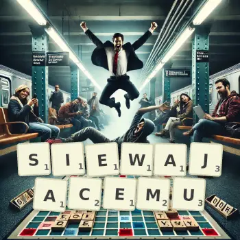 Kreatywna ilustracja do gry w Scrabble ze słowem SIEWAJACEMU ułożonym z płytek na planszy.