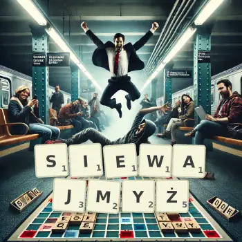 Kreatywna ilustracja do gry w Scrabble ze słowem SIEWAJMYŻ ułożonym z płytek na planszy.