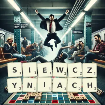 Kreatywna ilustracja do gry w Scrabble ze słowem SIEWCZYNIACH ułożonym z płytek na planszy.
