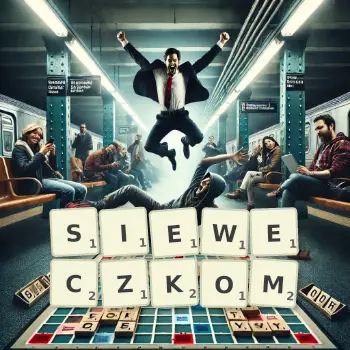 Kreatywna ilustracja do gry w Scrabble ze słowem SIEWECZKOM ułożonym z płytek na planszy.