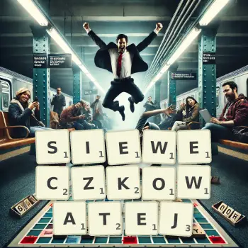 Kreatywna ilustracja do gry w Scrabble ze słowem SIEWECZKOWATEJ ułożonym z płytek na planszy.