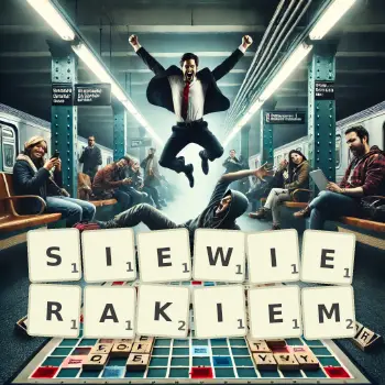 Kreatywna ilustracja do gry w Scrabble ze słowem SIEWIERAKIEM ułożonym z płytek na planszy.
