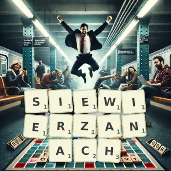 Kreatywna ilustracja do gry w Scrabble ze słowem SIEWIERZANACH ułożonym z płytek na planszy.