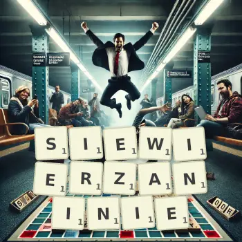 Kreatywna ilustracja do gry w Scrabble ze słowem SIEWIERZANINIE ułożonym z płytek na planszy.