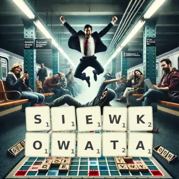 Kreatywna ilustracja do gry w Scrabble ze słowem SIEWKOWATA ułożonym z płytek na planszy.