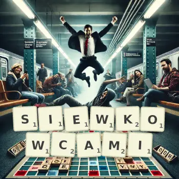 Kreatywna ilustracja do gry w Scrabble ze słowem SIEWKOWCAMI ułożonym z płytek na planszy.