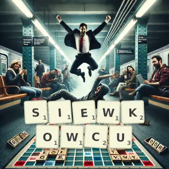 Kreatywna ilustracja do gry w Scrabble ze słowem SIEWKOWCU ułożonym z płytek na planszy.