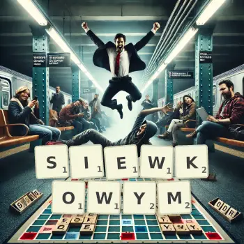 Kreatywna ilustracja do gry w Scrabble ze słowem SIEWKOWYM ułożonym z płytek na planszy.