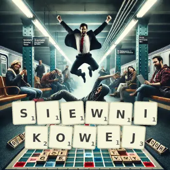 Kreatywna ilustracja do gry w Scrabble ze słowem SIEWNIKOWEJ ułożonym z płytek na planszy.