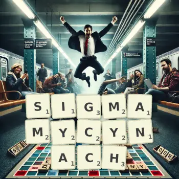 Kreatywna ilustracja do gry w Scrabble ze słowem SIGMAMYCYNACH ułożonym z płytek na planszy.