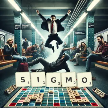 Kreatywna ilustracja do gry w Scrabble ze słowem SIGMO ułożonym z płytek na planszy.