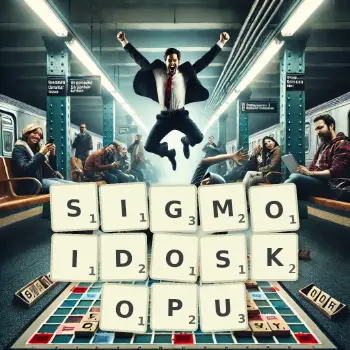 Kreatywna ilustracja do gry w Scrabble ze słowem SIGMOIDOSKOPU ułożonym z płytek na planszy.