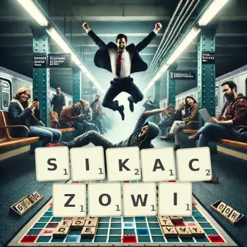Kreatywna ilustracja do gry w Scrabble ze słowem SIKACZOWI ułożonym z płytek na planszy.